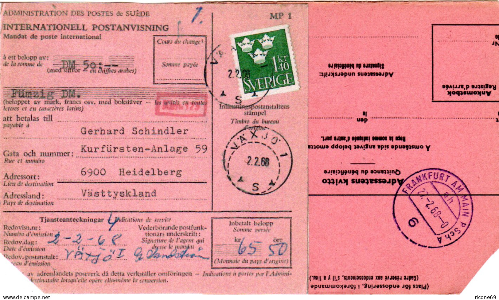 BRD 1968, Violett Frankfurt PSchA Ah Rücks. Auf Int. Postanweisung V. Schweden - Lettres & Documents