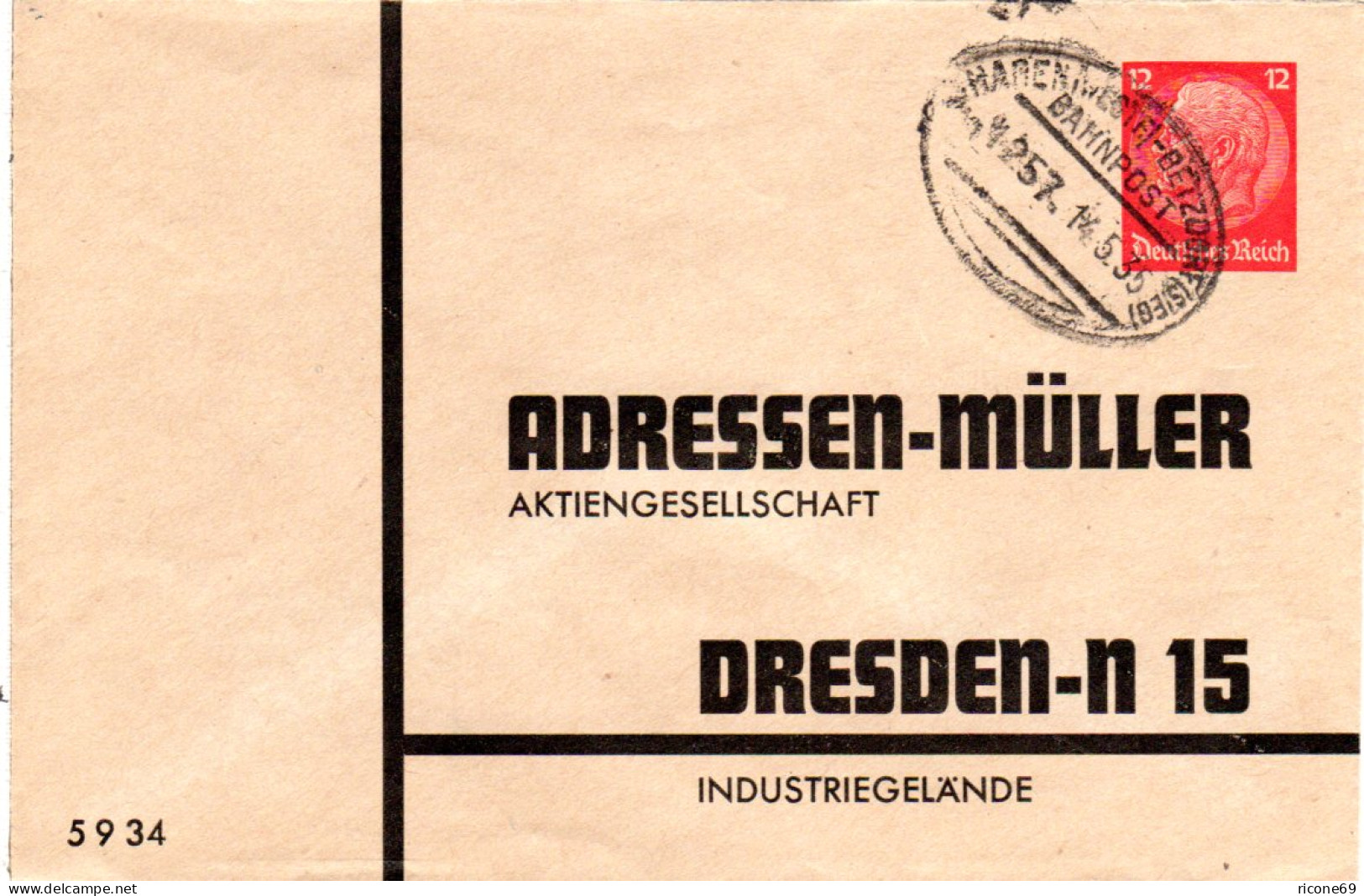 DR 1935, 12 Pf. Hindenburg Privatganzsache M. Bahnpoststempel Hagen-Betzdorf - Brieven En Documenten