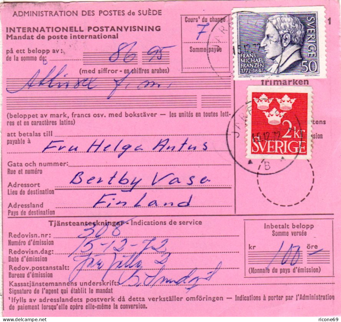 Schweden 1972, 2 Kr.+50 öre Auf Internat. Postanweisung V. Järpälla N. Finnland - Other & Unclassified