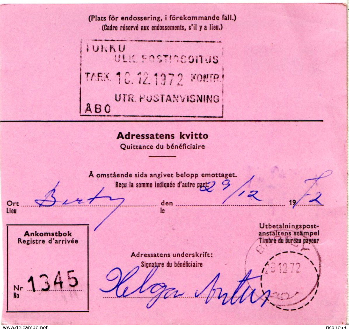 Schweden 1972, 2 Kr.+50 öre Auf Internat. Postanweisung V. Järpälla N. Finnland - Other & Unclassified