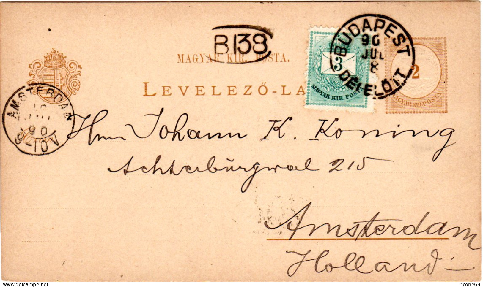 Ungarn 1890, 3 K. Zusatzfr. Auf 2 K. Ganzsache V. Budapest N. NL - Other & Unclassified