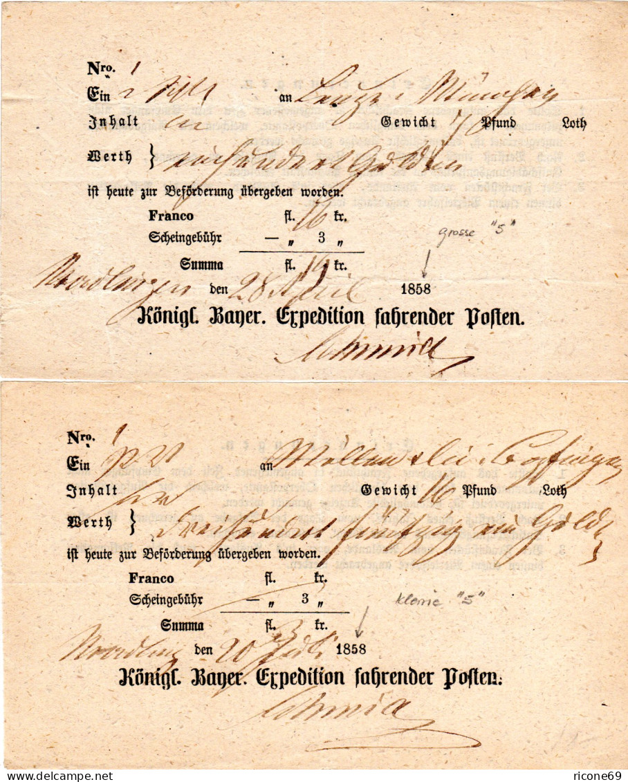 Bayern, 2 Postscheine V Nördlingen M. Gr.+kl. 5 In Eingedruckter Jahreszahl 1858 - Prephilately
