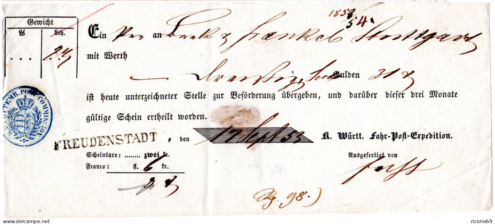 Württemberg 1853, L1 FREUDENSTADT Klar Auf Postschein F. Eine Wertsendung - Briefe U. Dokumente