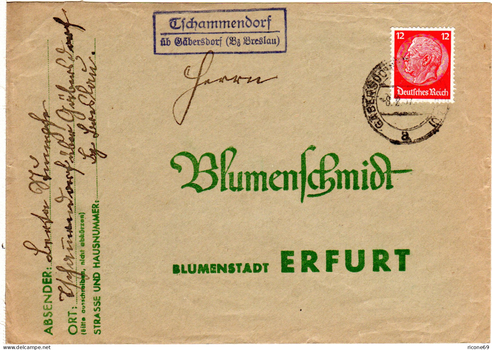 DR 1937, Landpost Stpl. TSCHAMMENDORF über Gäbersdorf (Bz. Breslau) Auf Brief  - Briefe U. Dokumente