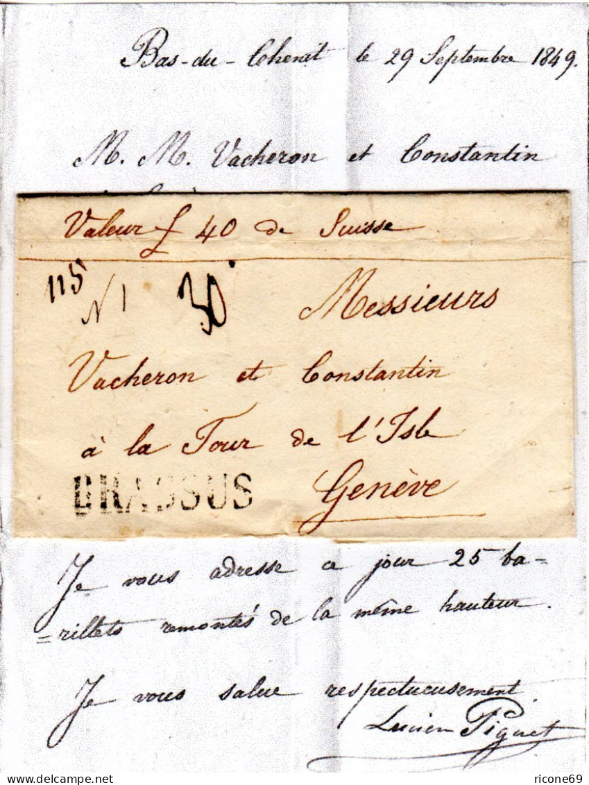 Schweiz 1849, L1 BRASSUS Auf Wert Brief V. Bas-du-Chenit N. Geneve - Lettres & Documents