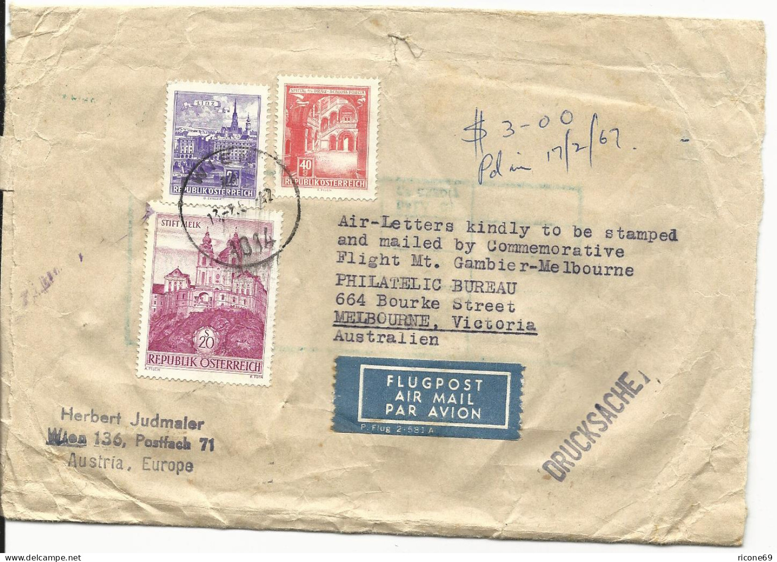 Österreich 1967, 3 Marken Auf Luftpost Drucksachen Schleife N. Australien!  - Briefe U. Dokumente