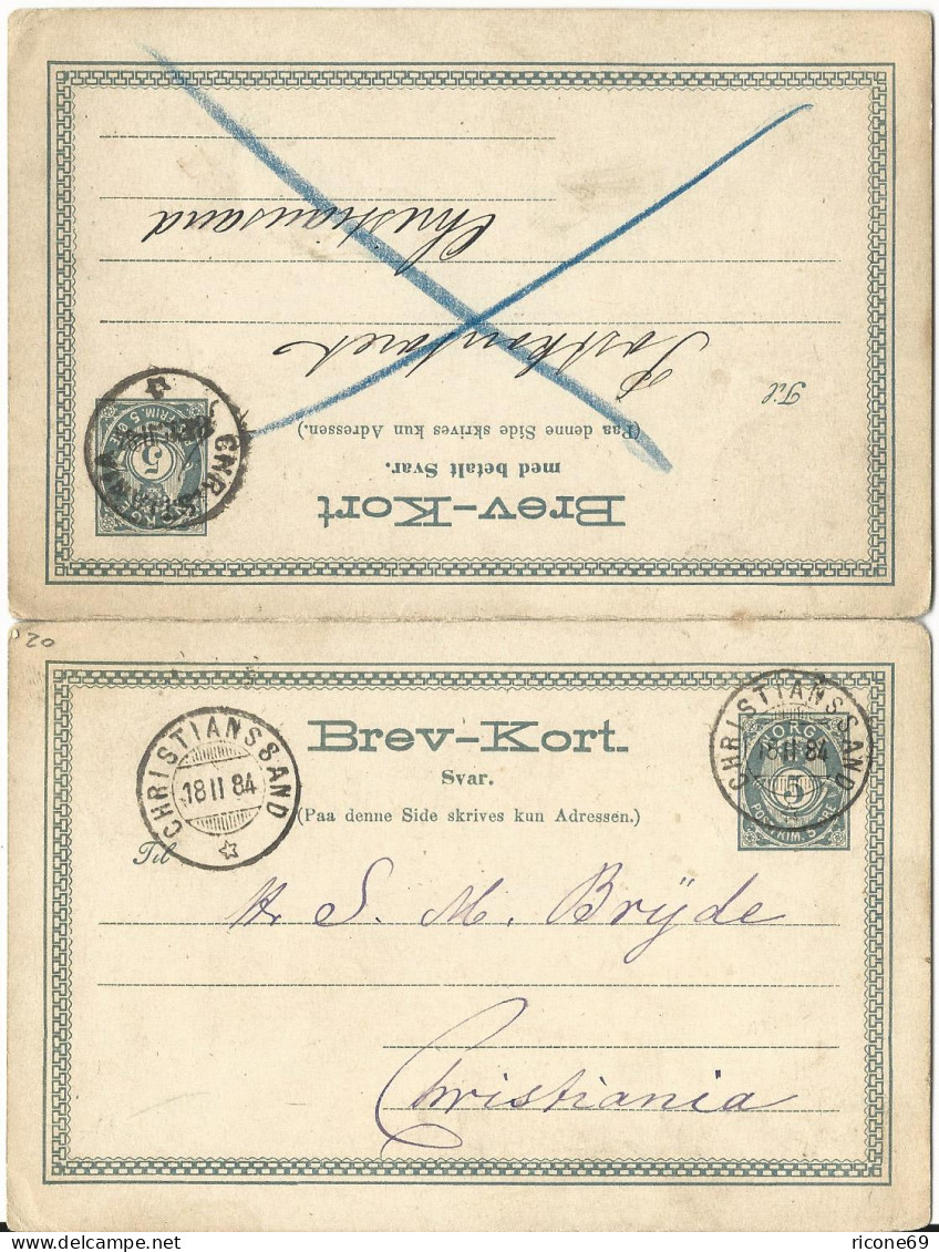 Norwegen P27, 5+5 öre Doppelkarte 1884 Zusammenhängend Hin U. Her Gebr. R!!! - Covers & Documents
