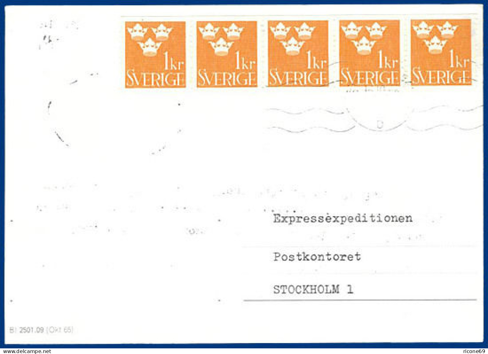 Schweden 1968, MeF 5er-Streifen 1 Kr. Auf Postformular Eilboten Nachporto.  - Brieven En Documenten