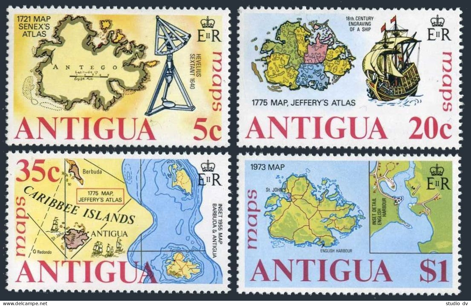 Antigua 379-382, MNH. Michel 373-376. Maps Of Antigua, Sailing Ships. 1975. - Antigua Und Barbuda (1981-...)