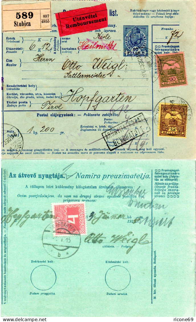 Ungarn 1914, 12+60 F. Auf Nachnahme Paketkarte M. Österreich Porto V. Hopfgarten - Lettres & Documents