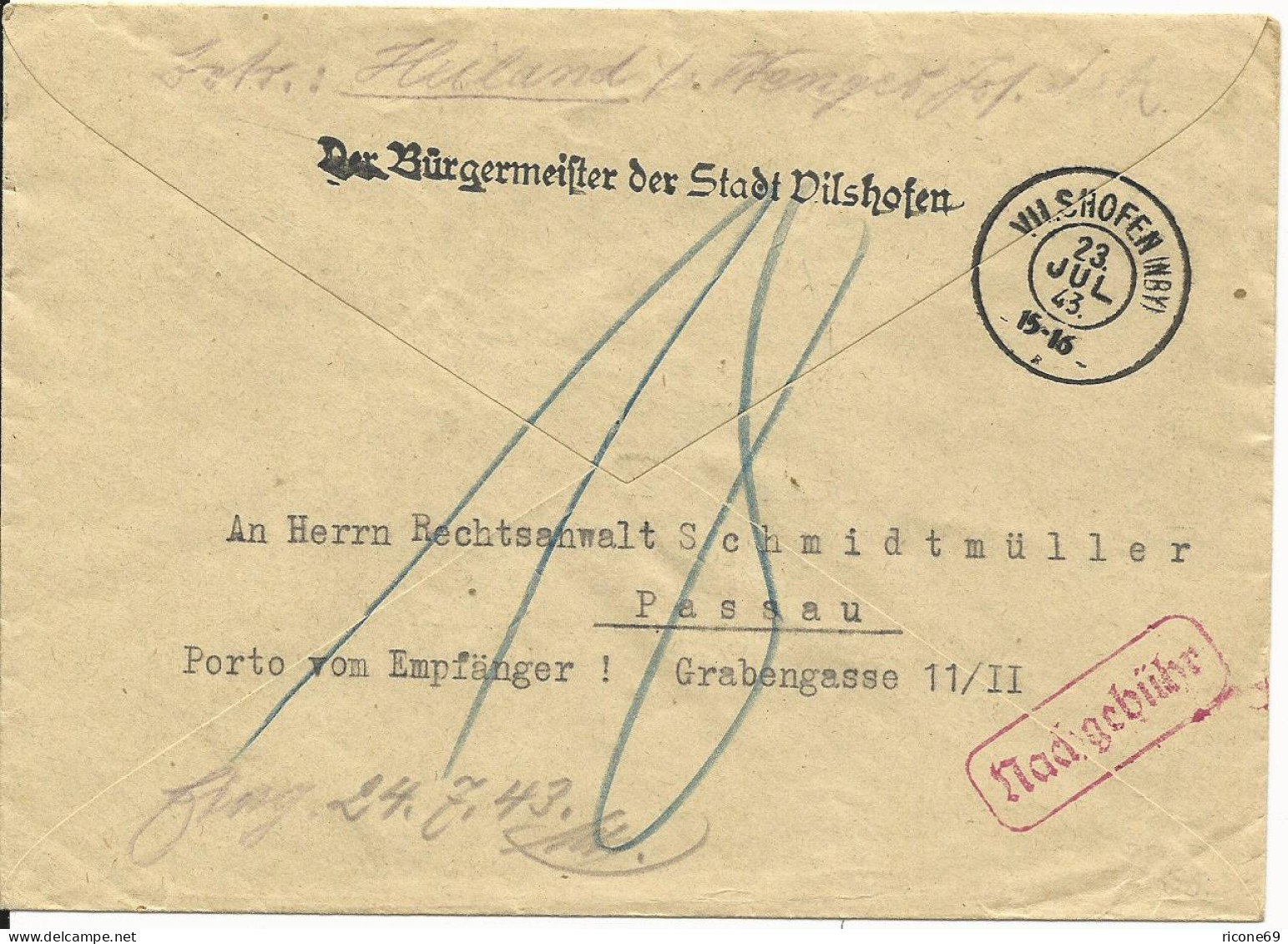 DR 1943, Reserve Stpl. Vilshofen Auf Bürgermeister Brief N. Passau. Nachporto - Lettres & Documents