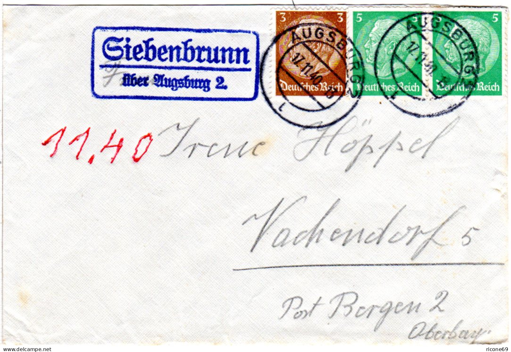 DR 1940, Landpost Stpl. SIEBENBRUNN über Augsburg 2 Auf Brief M. 3 Marken. - Lettres & Documents
