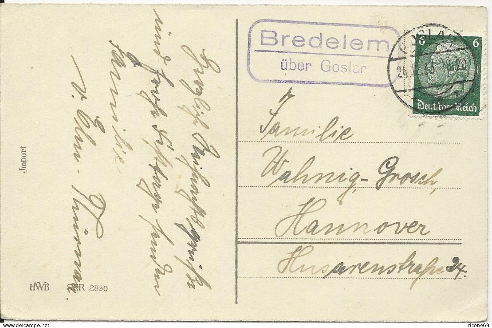 DR 1938, Bredelem über Goslar, Landpost Stempel Auf Weihnachten AK M. 6 Pf. - Briefe U. Dokumente