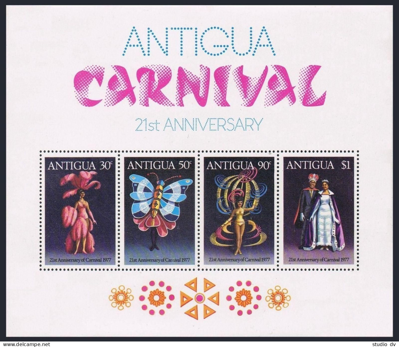 Antigua 472-476,476a Sheet,MNH.Michel 466-470,Bl.30 Carnival 1977,Costumes. - Antigua Et Barbuda (1981-...)