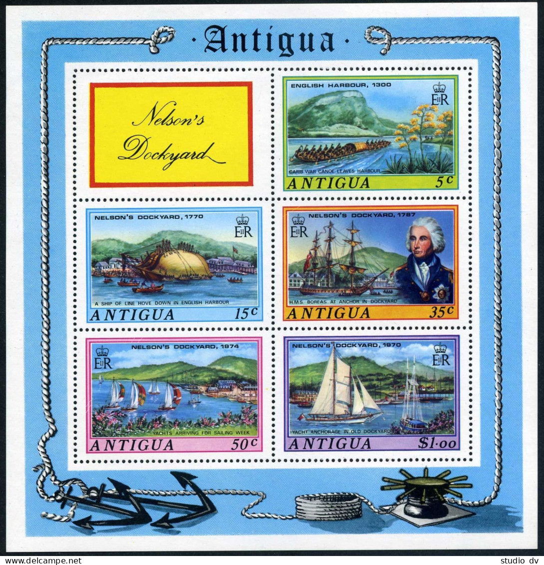 Antigua 369-373,373a Sheet,MNH. Nelsons Dockyard,1975.War Canoe,Sailing Ship, - Antigua And Barbuda (1981-...)