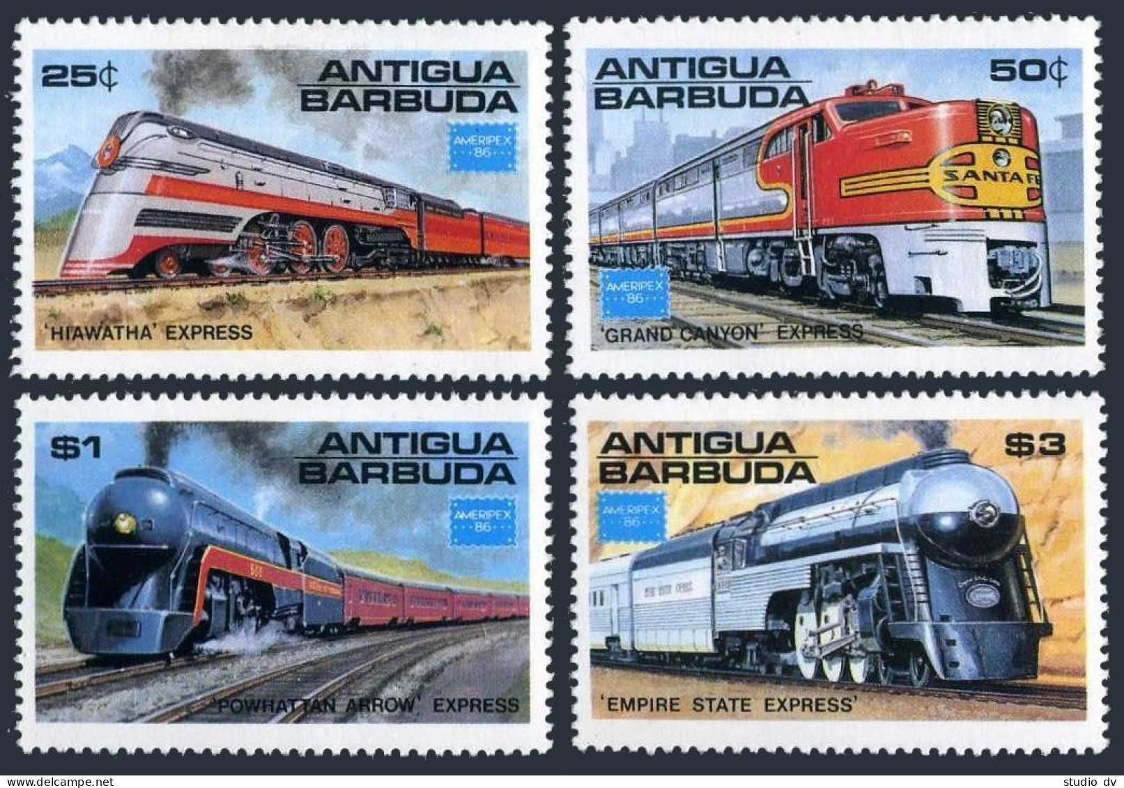 Antigua 934-937, 938, MNH. Michel 912-915, 916 Bl.110. AMERIPEX-1986: Trains. - Antigua And Barbuda (1981-...)