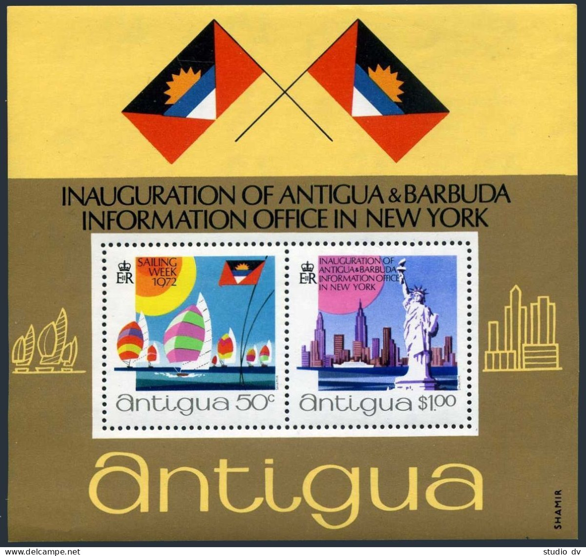 Antigua 303a Sheet,MNH.Michel Bl.6. Racing Yachts,Statue Of Liberty,1972. - Antigua Und Barbuda (1981-...)