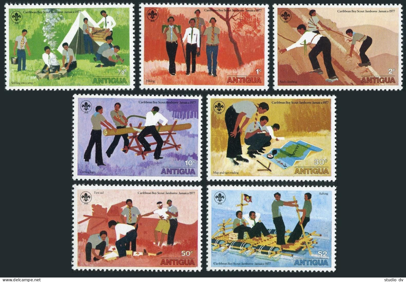 Antigua 465-471, 471a, MNH. Mi 459-465,Bl.29. Boy Scout Jamboree 1977. Climbing, - Antigua Und Barbuda (1981-...)