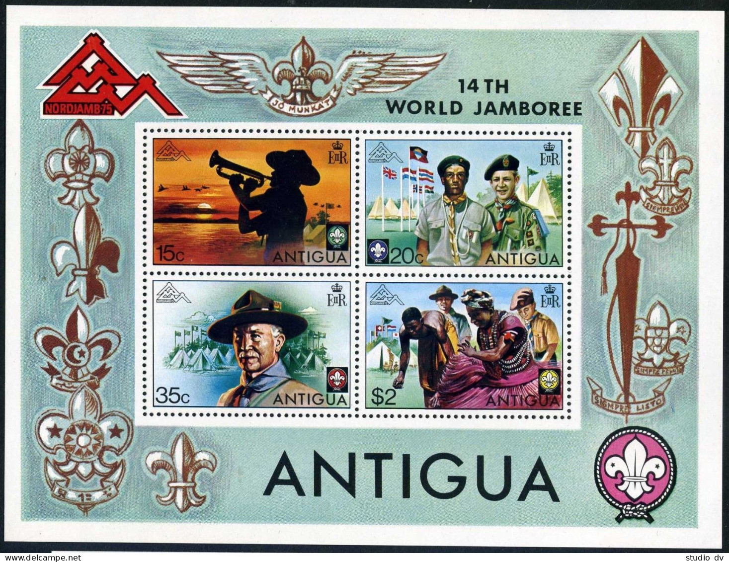 Antigua 383-386, 386a, MNH. Mi 377-380,Bl.21. Scouting 1975. Lord Baden-Powell. - Antigua Et Barbuda (1981-...)