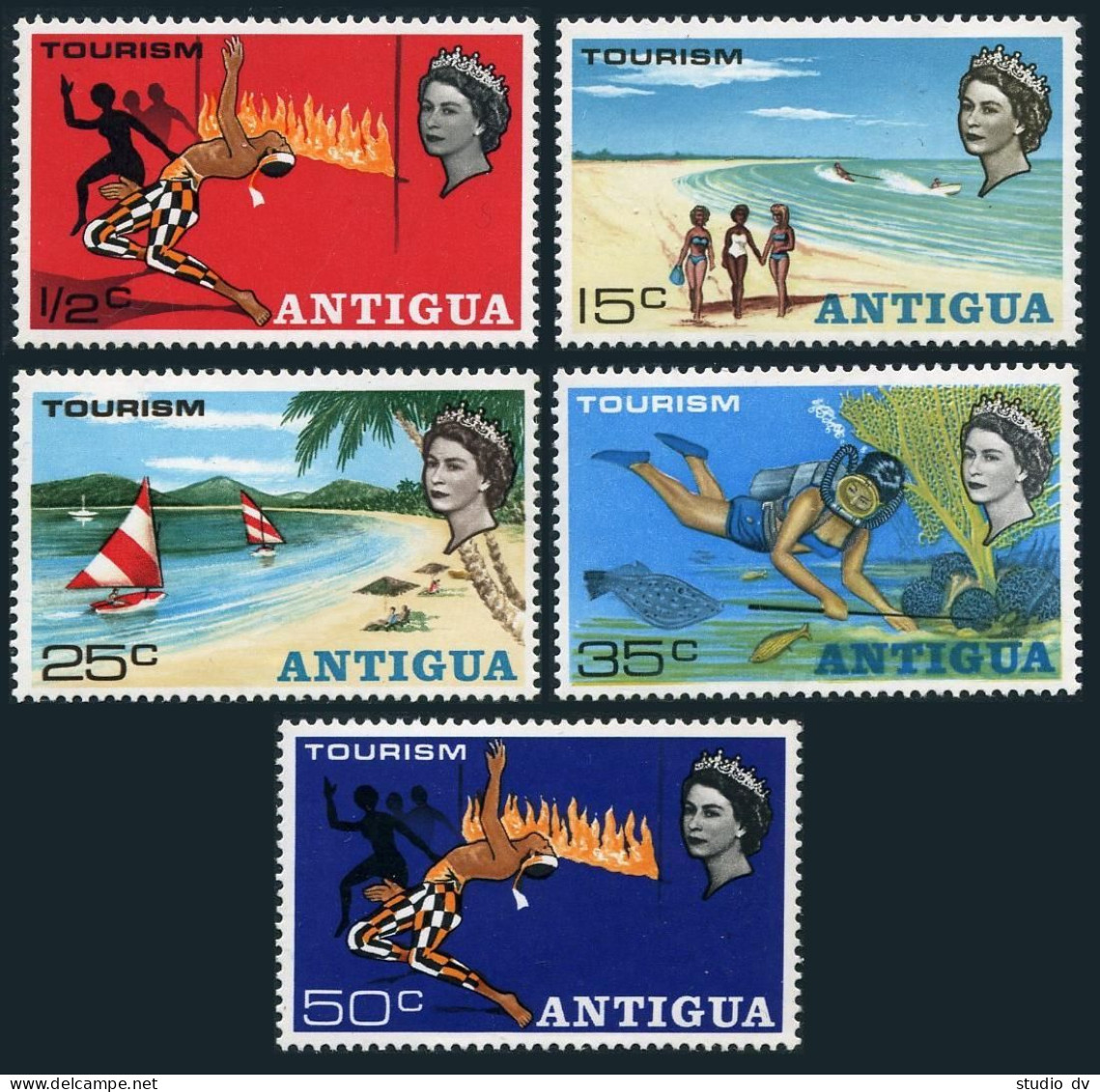 Antigua 203-207, MNH. Mi 192-196. Tourism 1968.Linbo Dancer, Scuba Diver,Corals. - Antigua Und Barbuda (1981-...)