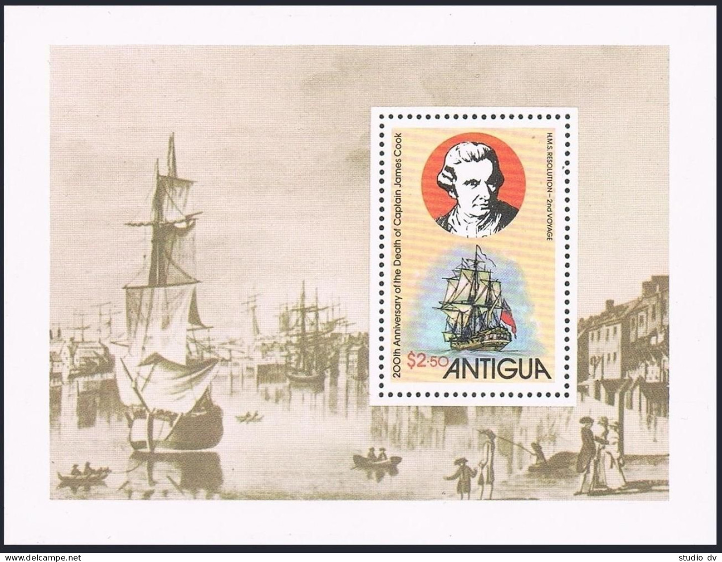 Antigua 547-551, MNH. Mi 548-551, Bl.44. Captain James Cook-200. Sailing Ship. - Antigua Et Barbuda (1981-...)