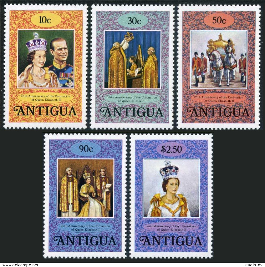 Antigua 508-512,513, MNH. Michel 504-508a,Bl.36. QE II Coronation 25th Ann.1978. - Antigua Et Barbuda (1981-...)