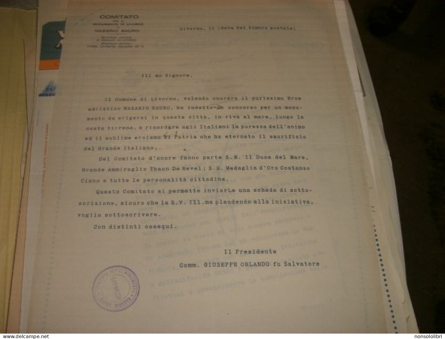 DOCUMENTO COMITATO PER IL MONUMENTO IN LIVORNO DI NAZARIO SAURO - Historische Documenten