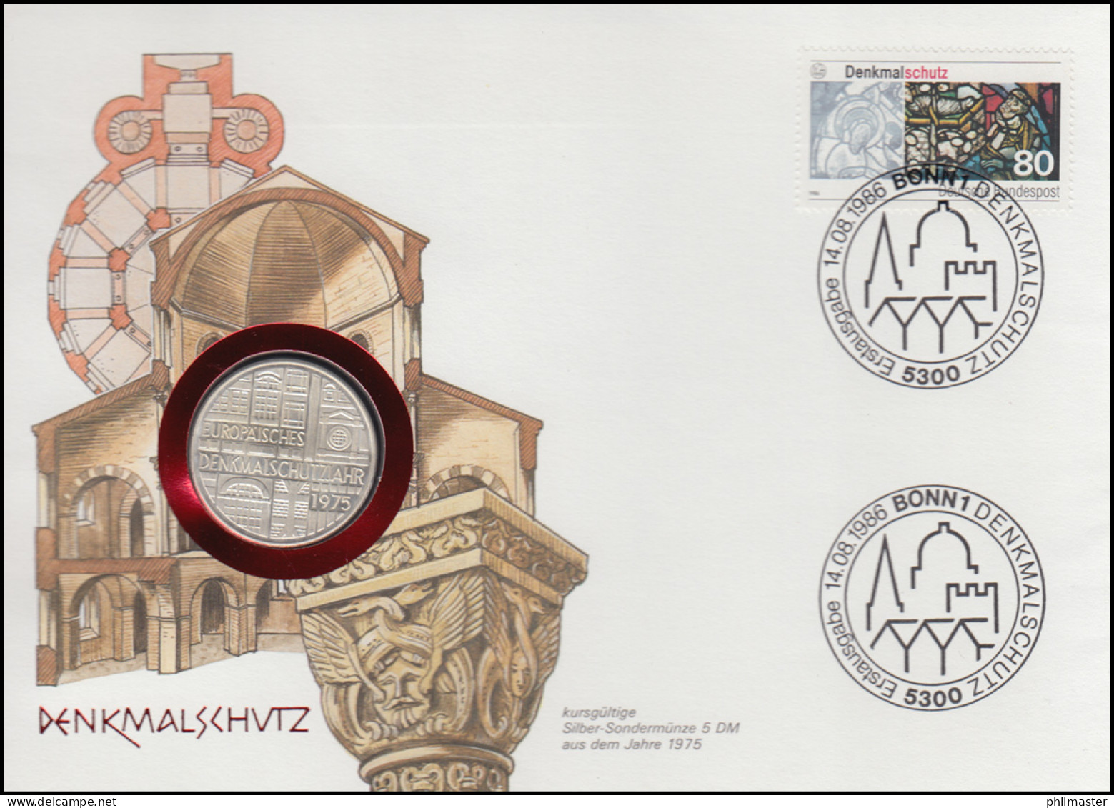 Numisbrief Denkmalschutz, 5 DM / 80 Pf., ESST Bonn 14.8.1986 - Invii Numismatici