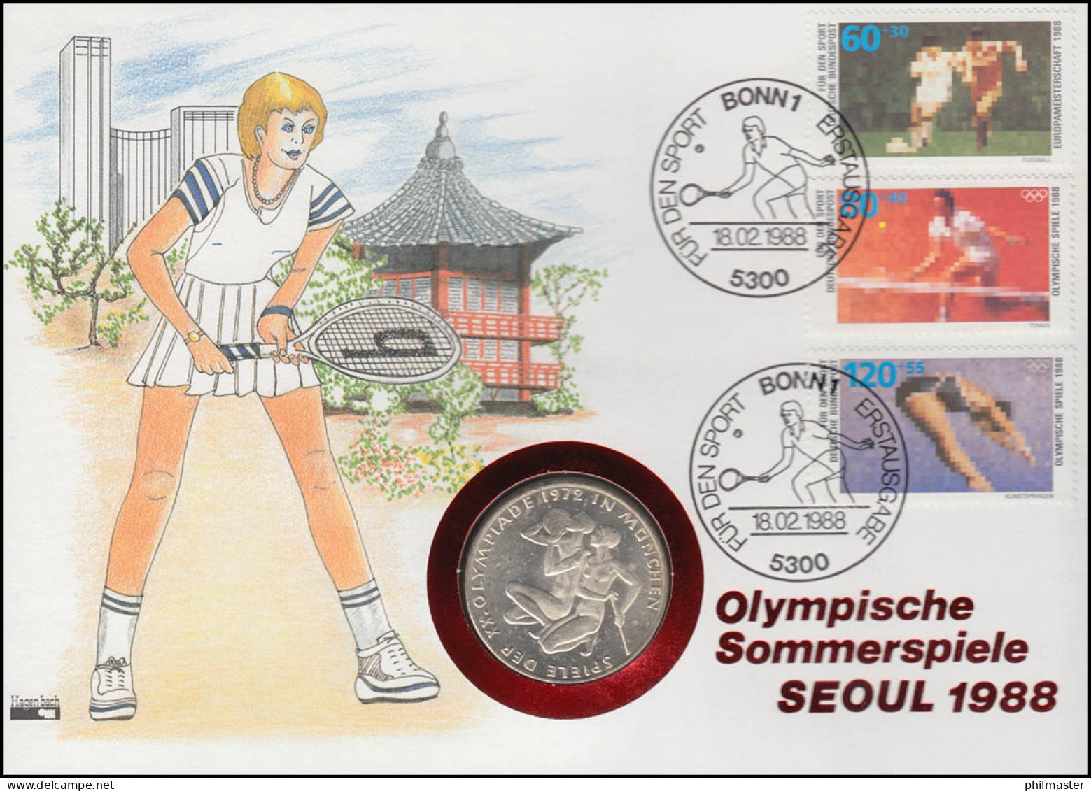Numisbrief Olympia Seoul 1988, 10 DM / Sporthilfe-Satz., ESST Bonn 18.2.1988 - Numismatische Enveloppen