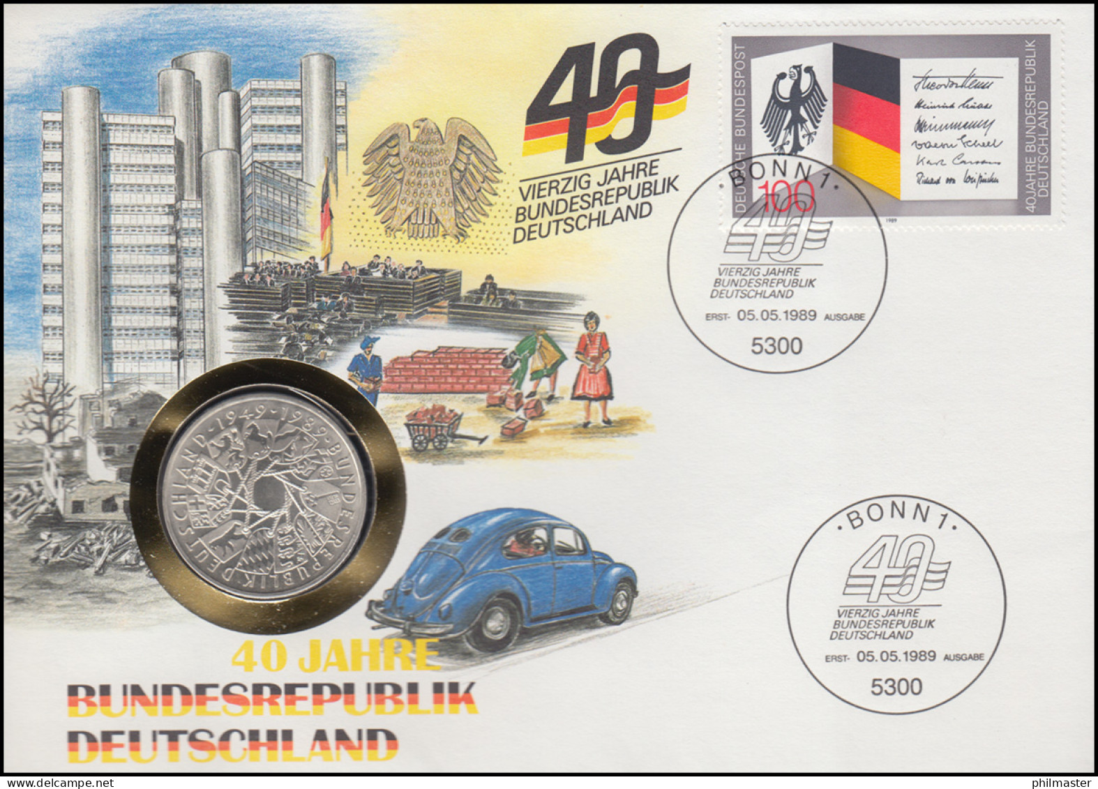 Numisbrief 40 Jahre Bundesrepublik 10 DM / 100 Pf., ESST Bonn 5.5.1989 - Numismatische Enveloppen