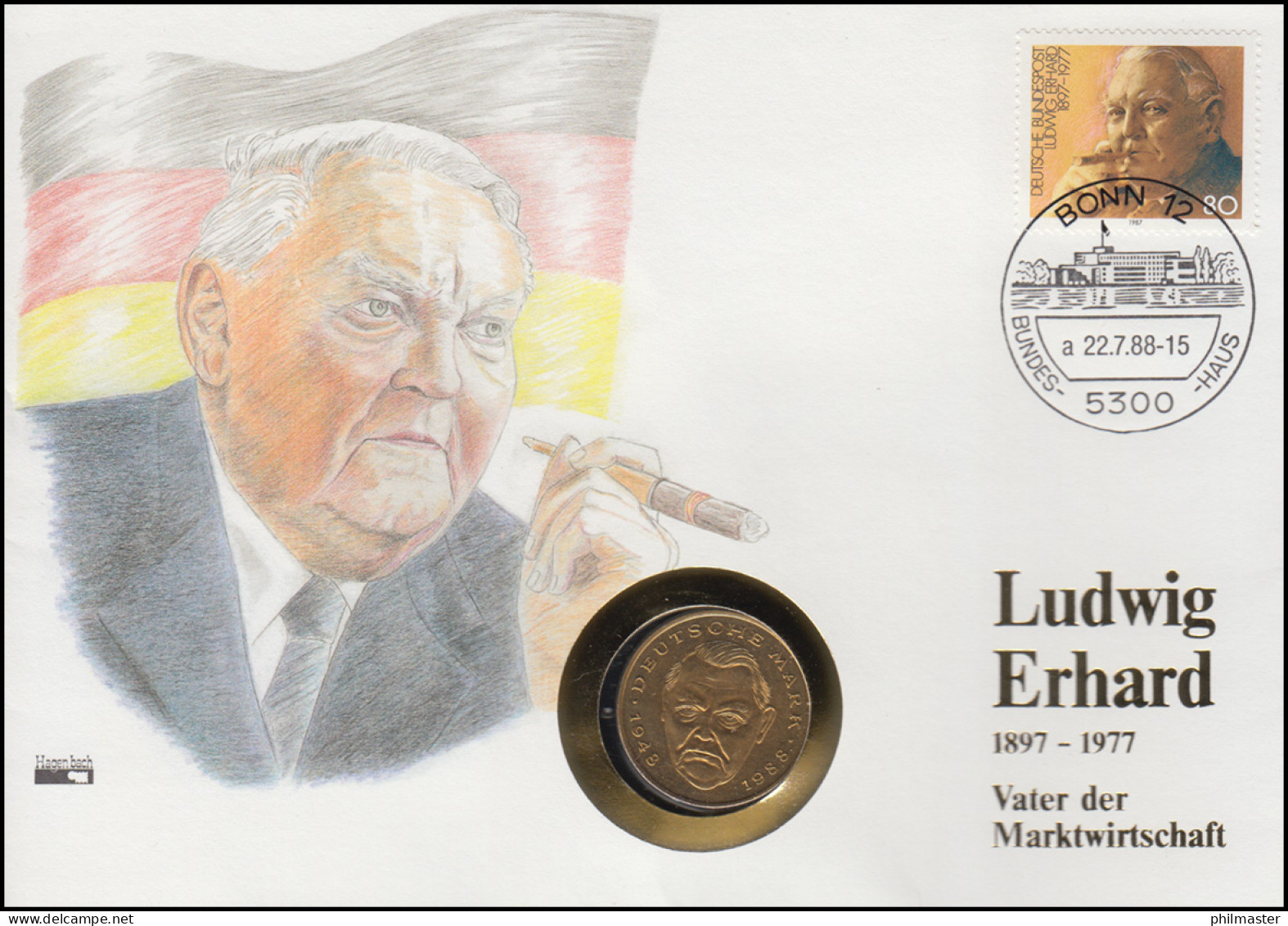 Numisbrief Ludwig Erhard, 2 DM / 80 Pf., SST Bonn 22.7.1988 - Invii Numismatici