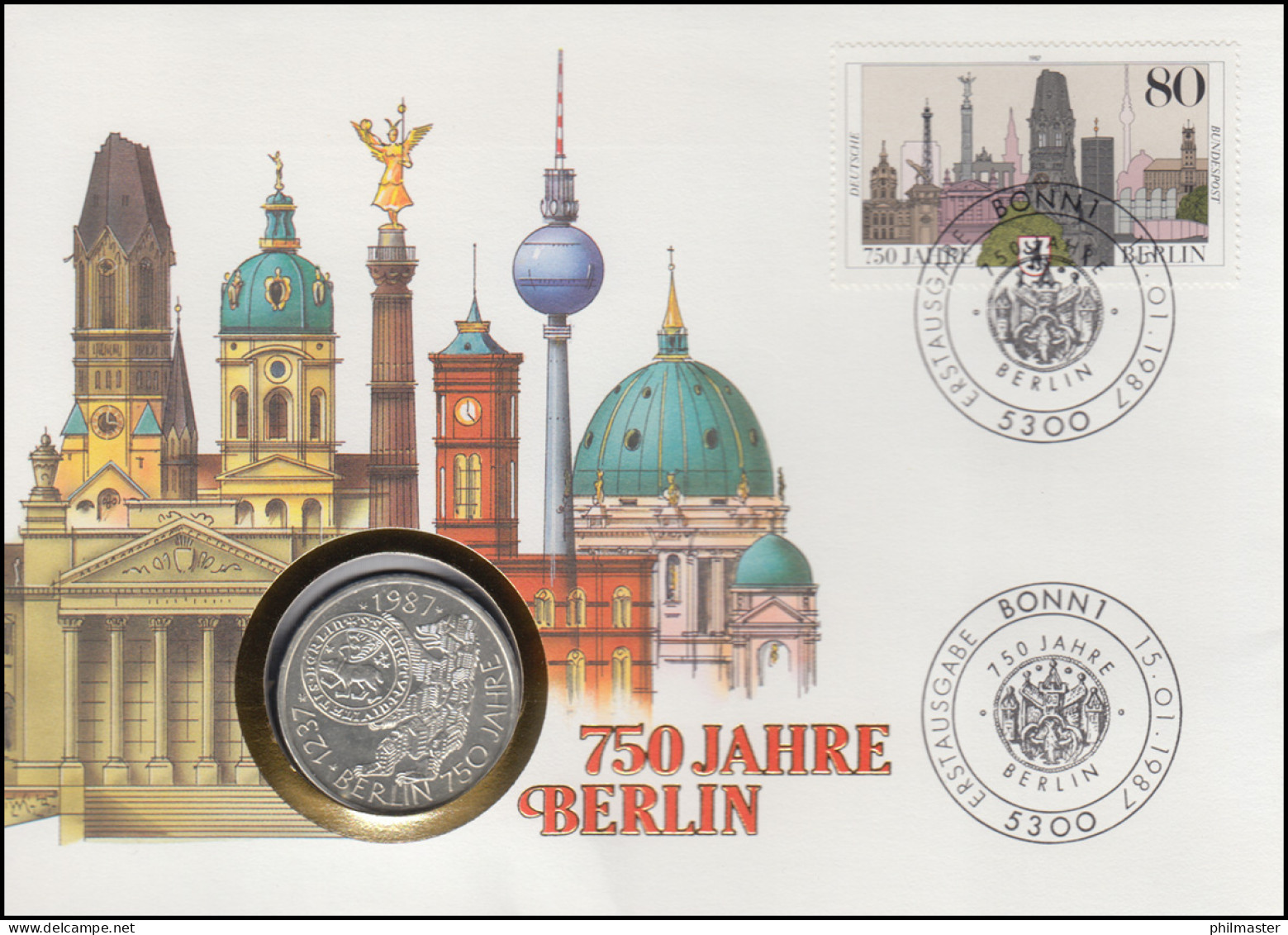 Numisbrief 750 Jahre Berlin, 10 DM / 80 Pf., ESST Bonn 15.01.1987 - Coin Envelopes