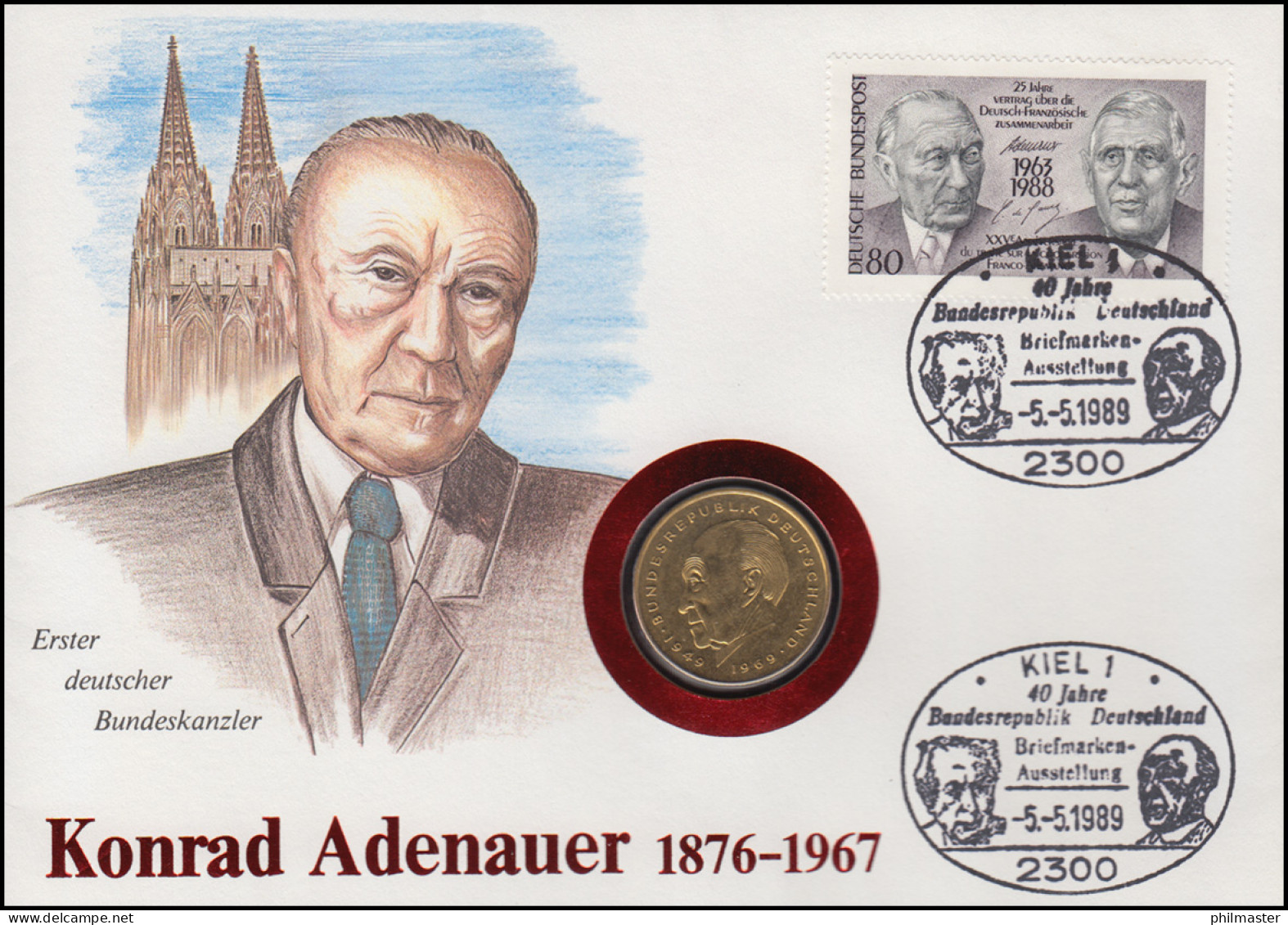 Numisbrief Konrad Adenauer, 2 DM / 80 Pf., SST Kiel 5.5.1989 - Numismatische Enveloppen