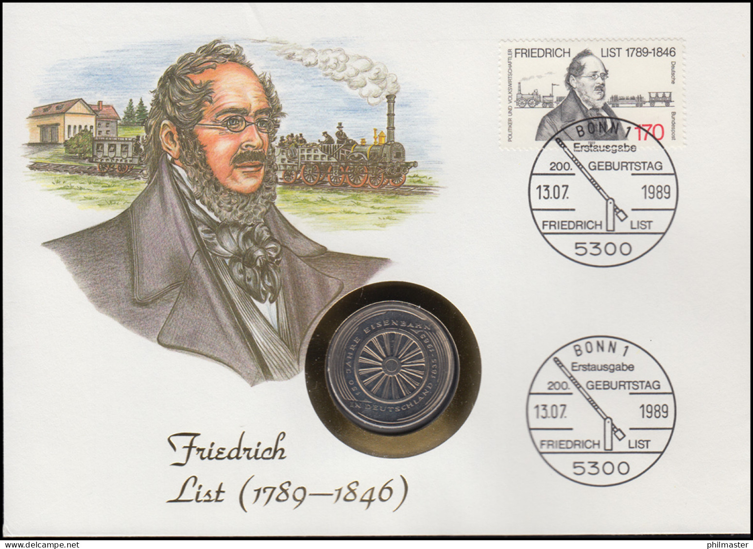 Numisbrief Friedrich List, Eisenbahn 5 DM / 170 Pf., ESST Bonn 13.7.1989 - Coin Envelopes