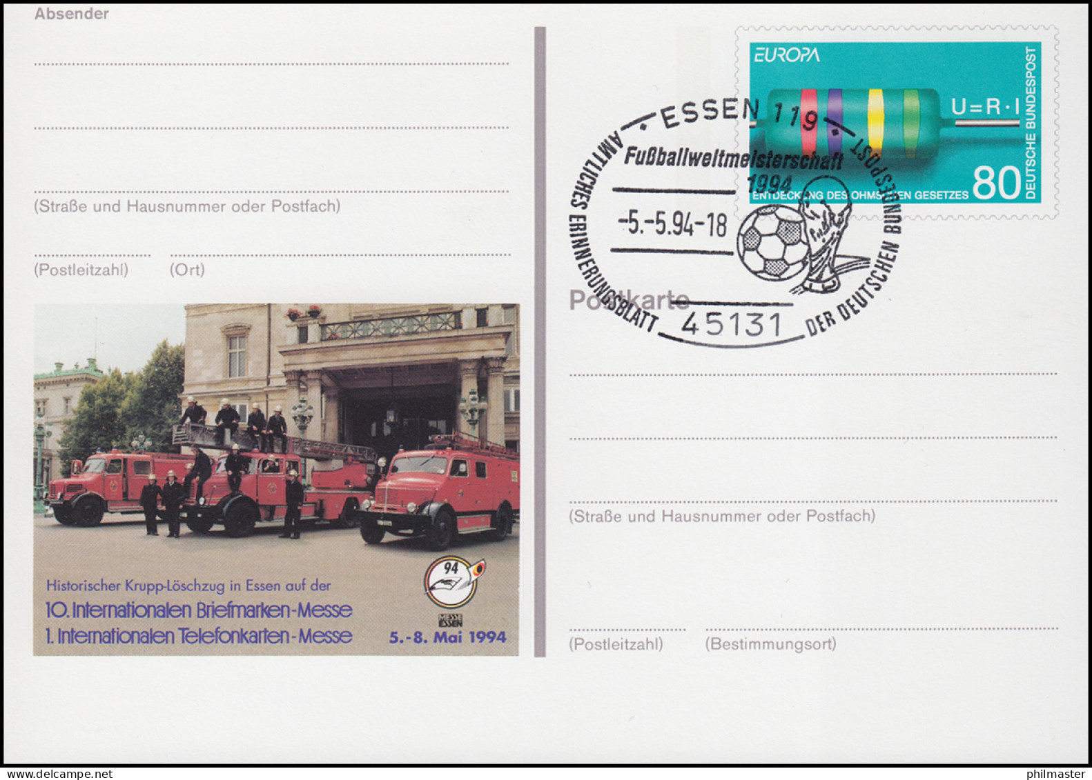 PSo 33 Briefmarken-Messe ESSEN Feuerwehr 1994, ESSt Essen Fußball 05.05.1994 - Postcards - Mint