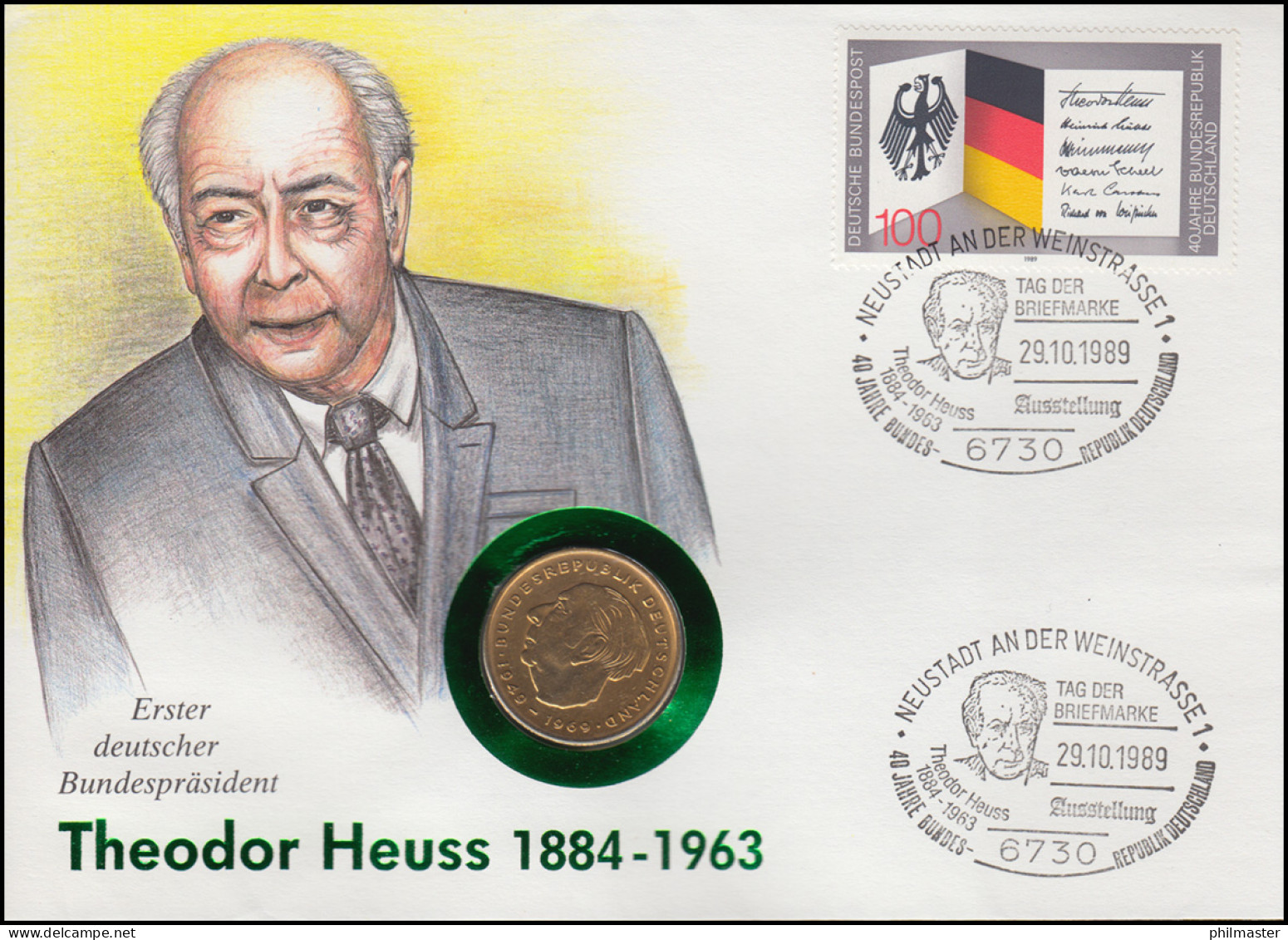 Numisbrief Theodor Heuss, 2 DM / 100 Pf., SST Bonn 29.10.1989 - Numismatische Enveloppen