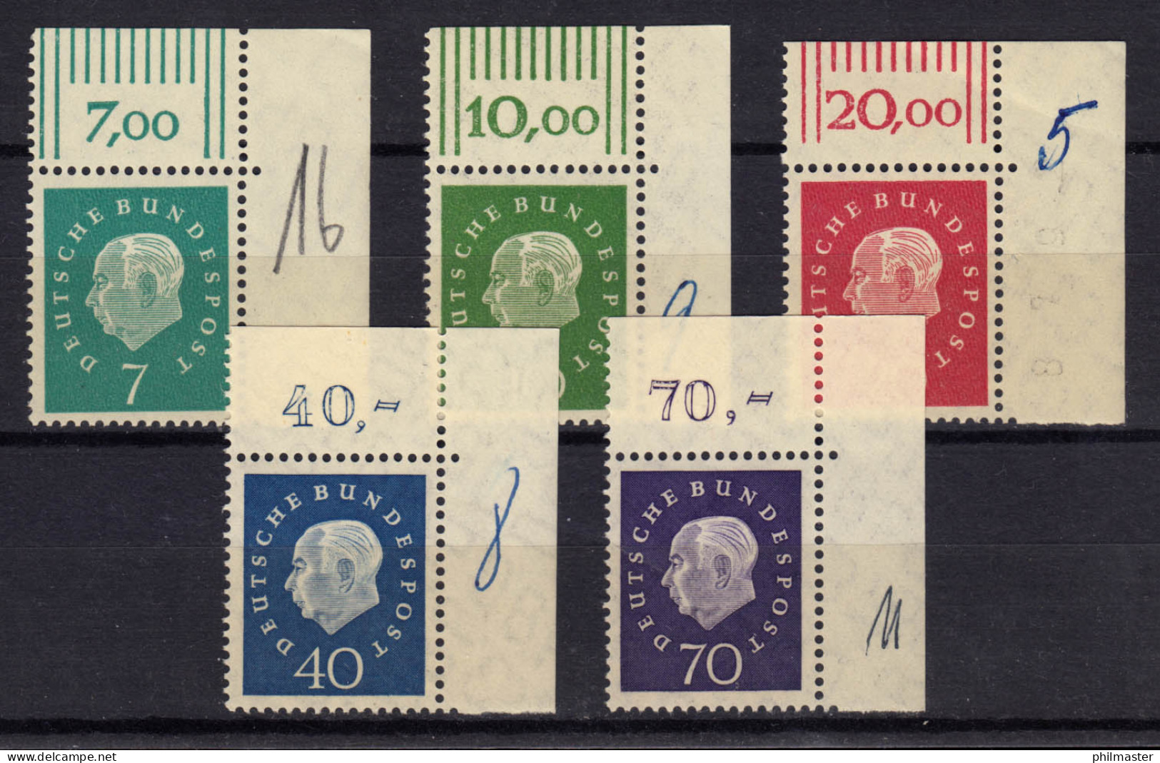 302-306 Heuss 5 Werte Bogenecken Oben Rechts, Ungefaltet, Postalisch Beschr. **  - Unused Stamps