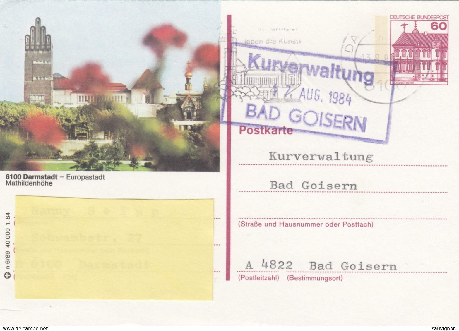 Deutschland. Bildpostkarte 6100 DARMSTADT - Mathildenhöhe, Wertstempel 60 Pfg. Burgen Und Schlösser, Serie "n" - Cartes Postales Illustrées - Oblitérées