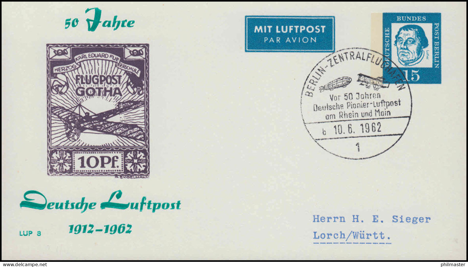 Berlin PP 31/4b Deutsche Luftpost LUP 8 Gotha, Passender SSt BERLIN 10.6.62 - Andere & Zonder Classificatie