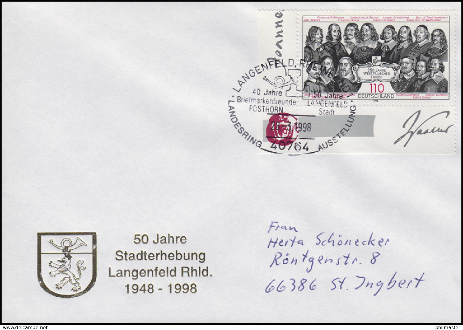 1979 Westfälischer Friede, EF Schmuck-Bf SSt Langenfeld Stadterhebung 23.3.1998 - Non Classés
