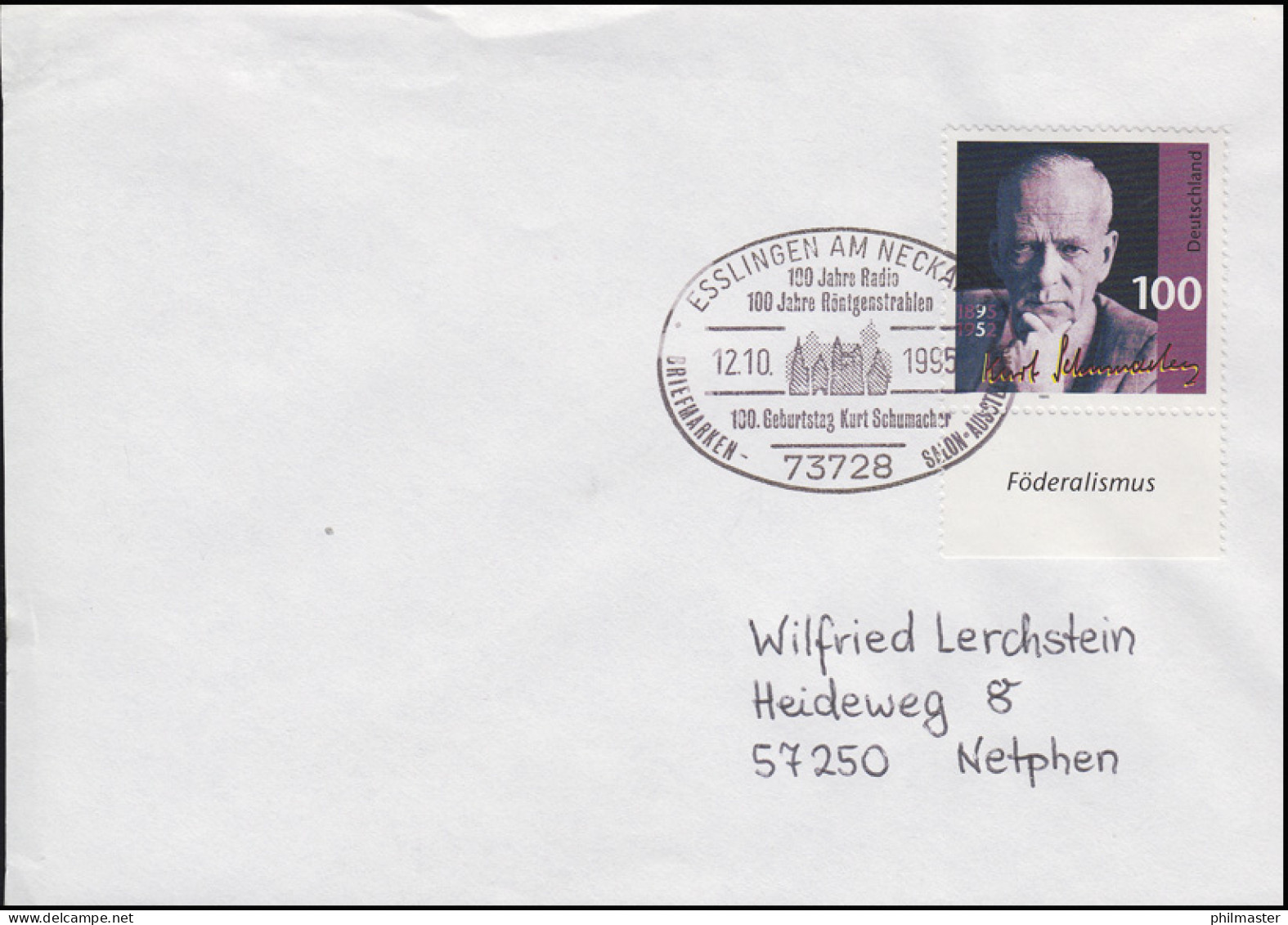 1824 Kurt Schumacher, EF FDC ESSt Esslingen Geburtstag Schumacher 12.10.1995 - Sonstige & Ohne Zuordnung