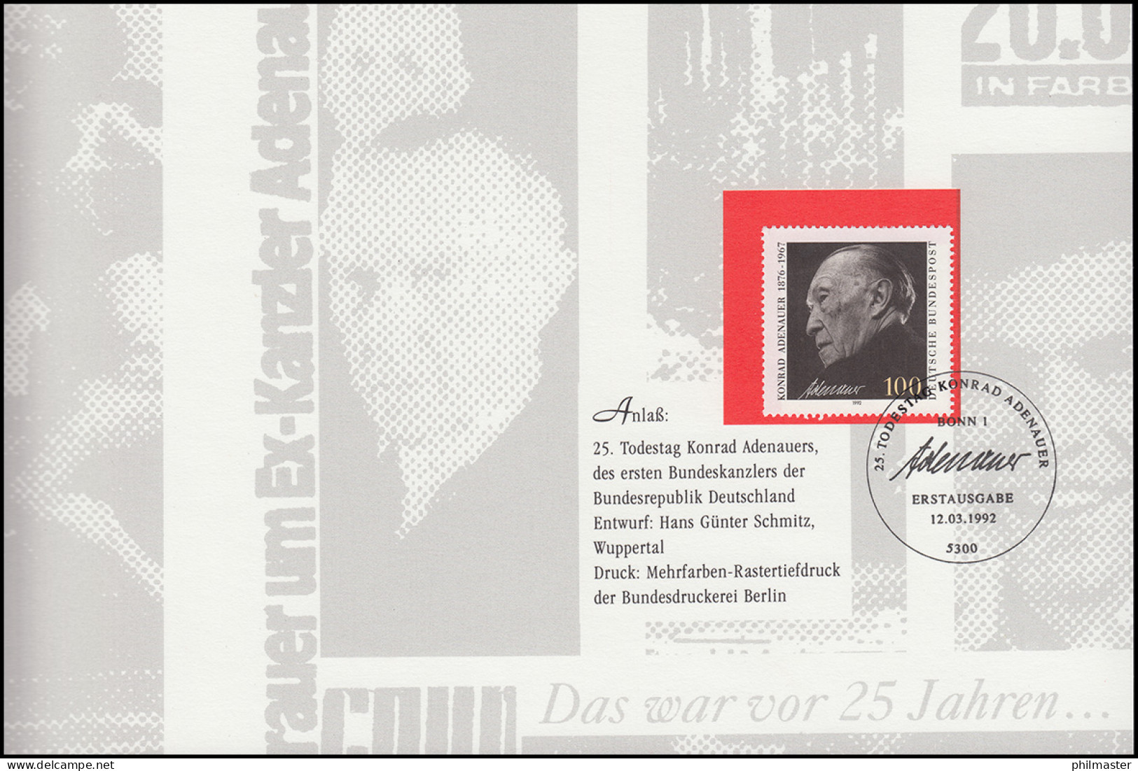 Klappkarte Konrad Adenauer Mit 1601, ESSt BONN 25. Todestag 12.3.1992 - Sonstige & Ohne Zuordnung