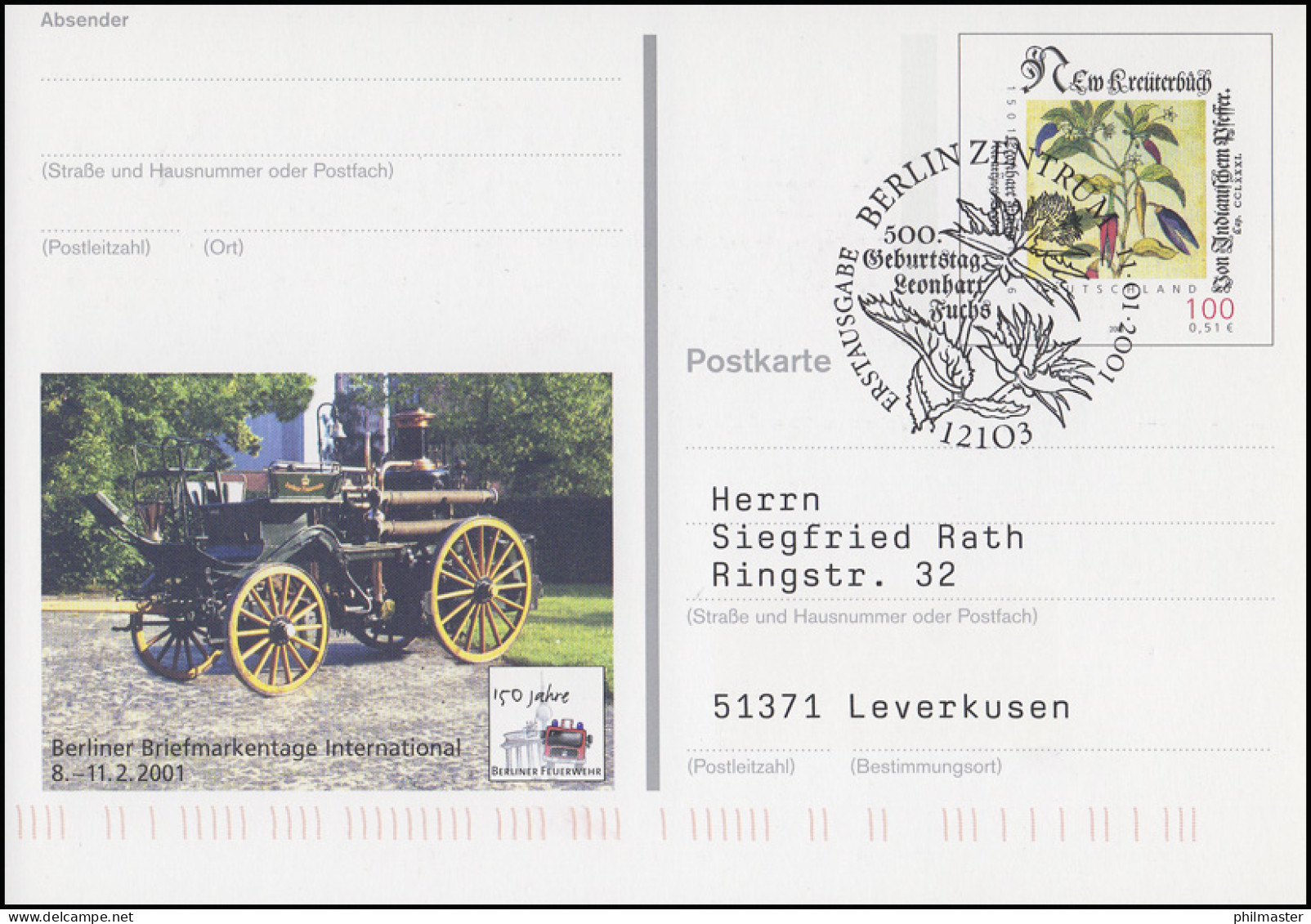 PSo 74 Berliner Feuerwehr, FDC ESSt Berlin Geburtstag Leonhart Fuchs 11.1.2001 - Other & Unclassified