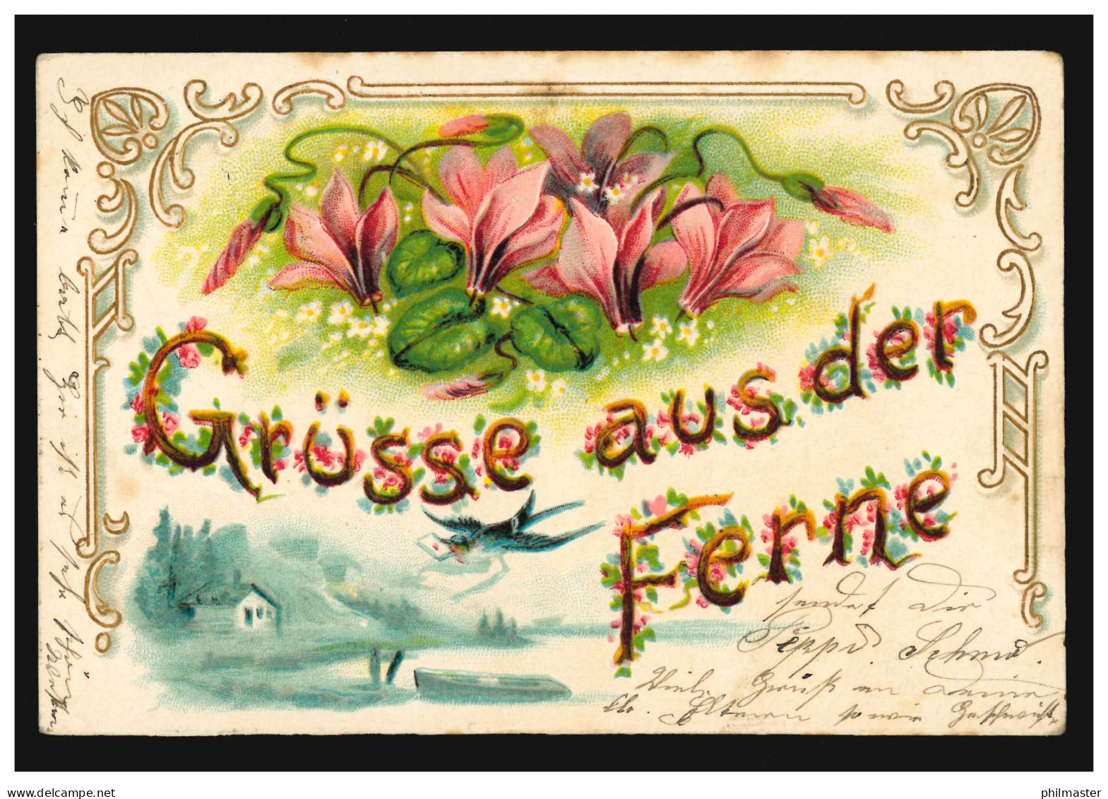 Prägekarte Grüsse Aus Der Ferne Landschaft Mit Blumengirlande, KRUMBACH 31.12.05 - Autres & Non Classés