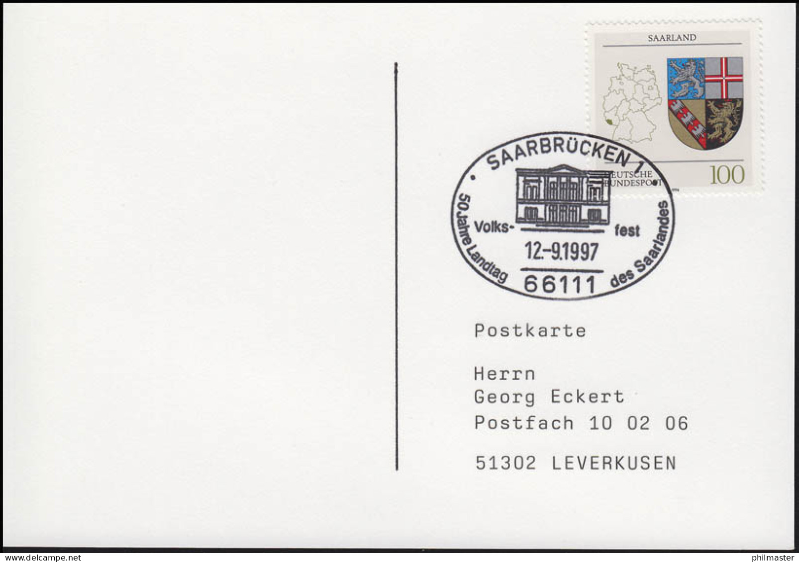 1712 Saarland, EF Postkarte SSt Saarbrücken 50 Jahre Landtag Volksfest 12.9.1997 - Autres & Non Classés