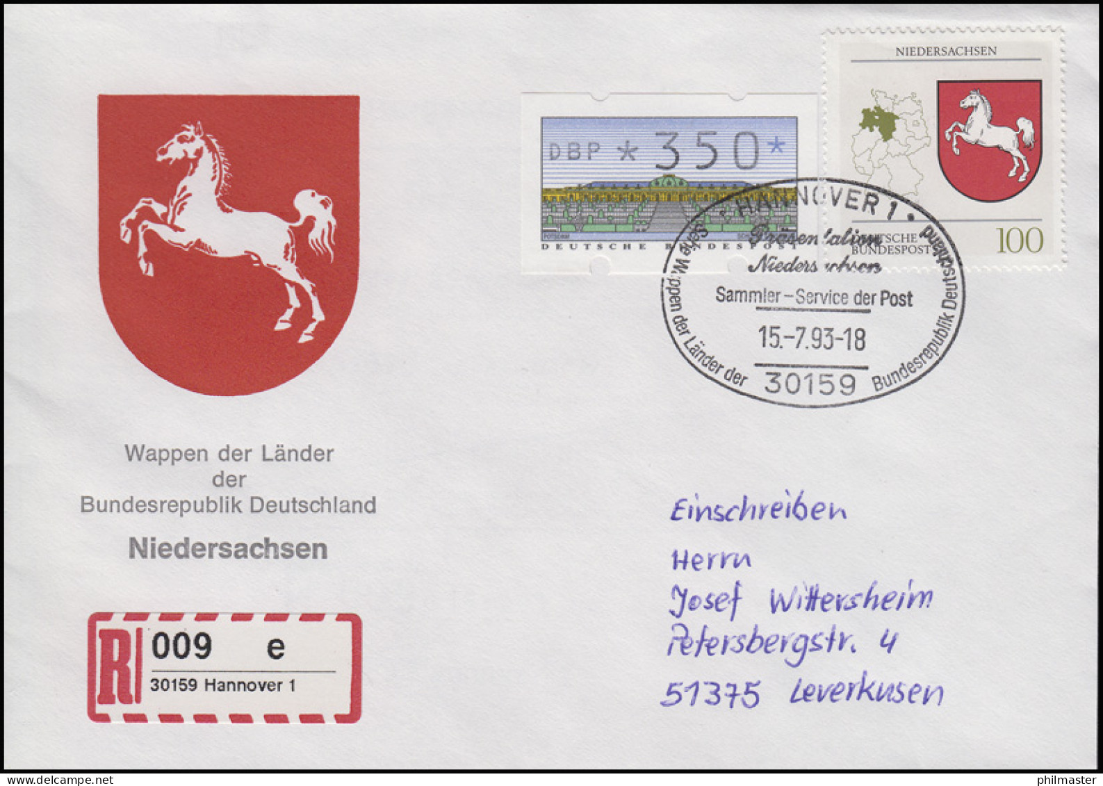 1662 Niedersachsen, MiF R-FDC ESSt Hannover Markenpräsentation 15.7.1993 - Autres & Non Classés