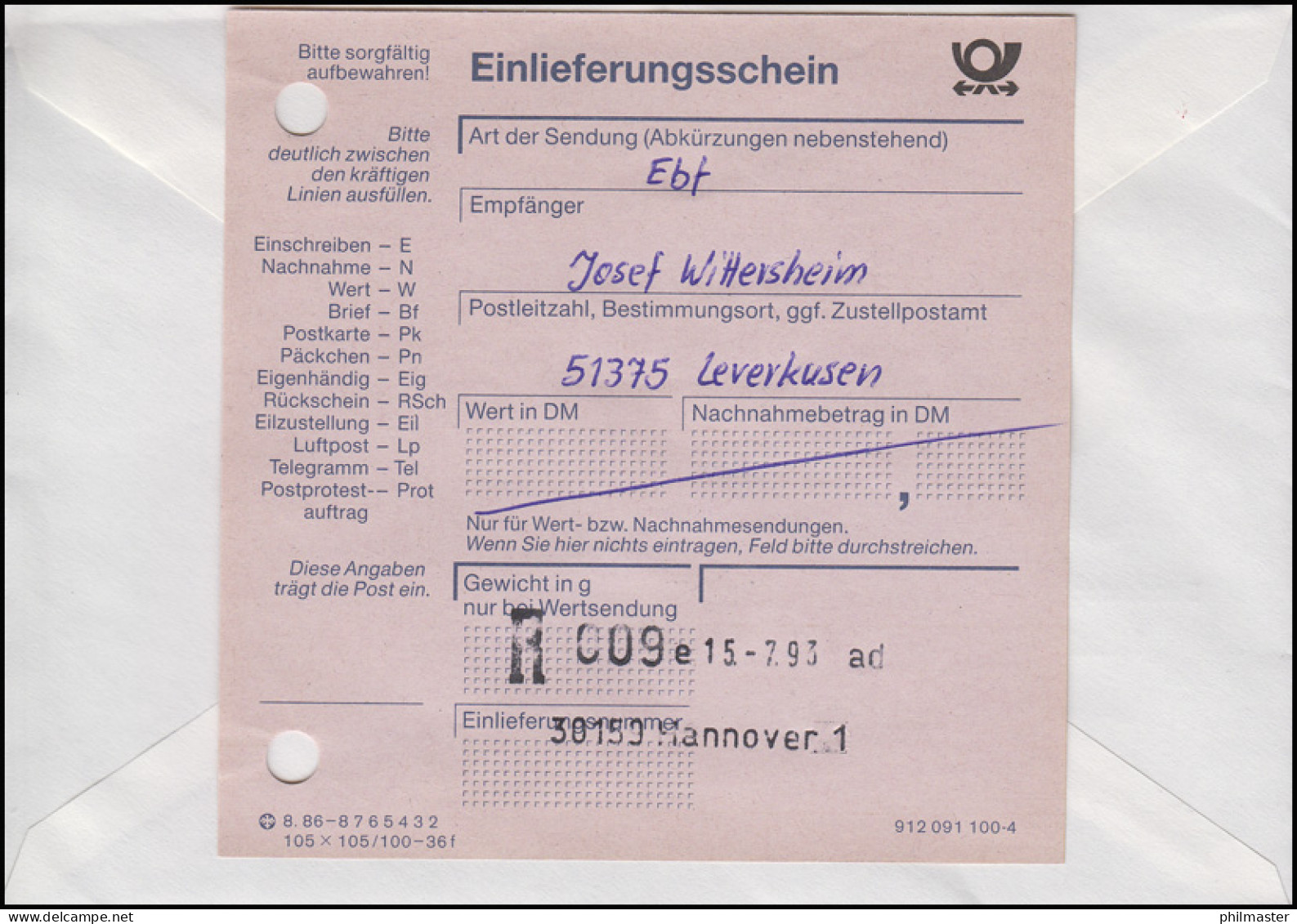 1662 Niedersachsen, MiF R-FDC ESSt Hannover Markenpräsentation 15.7.1993 - Autres & Non Classés