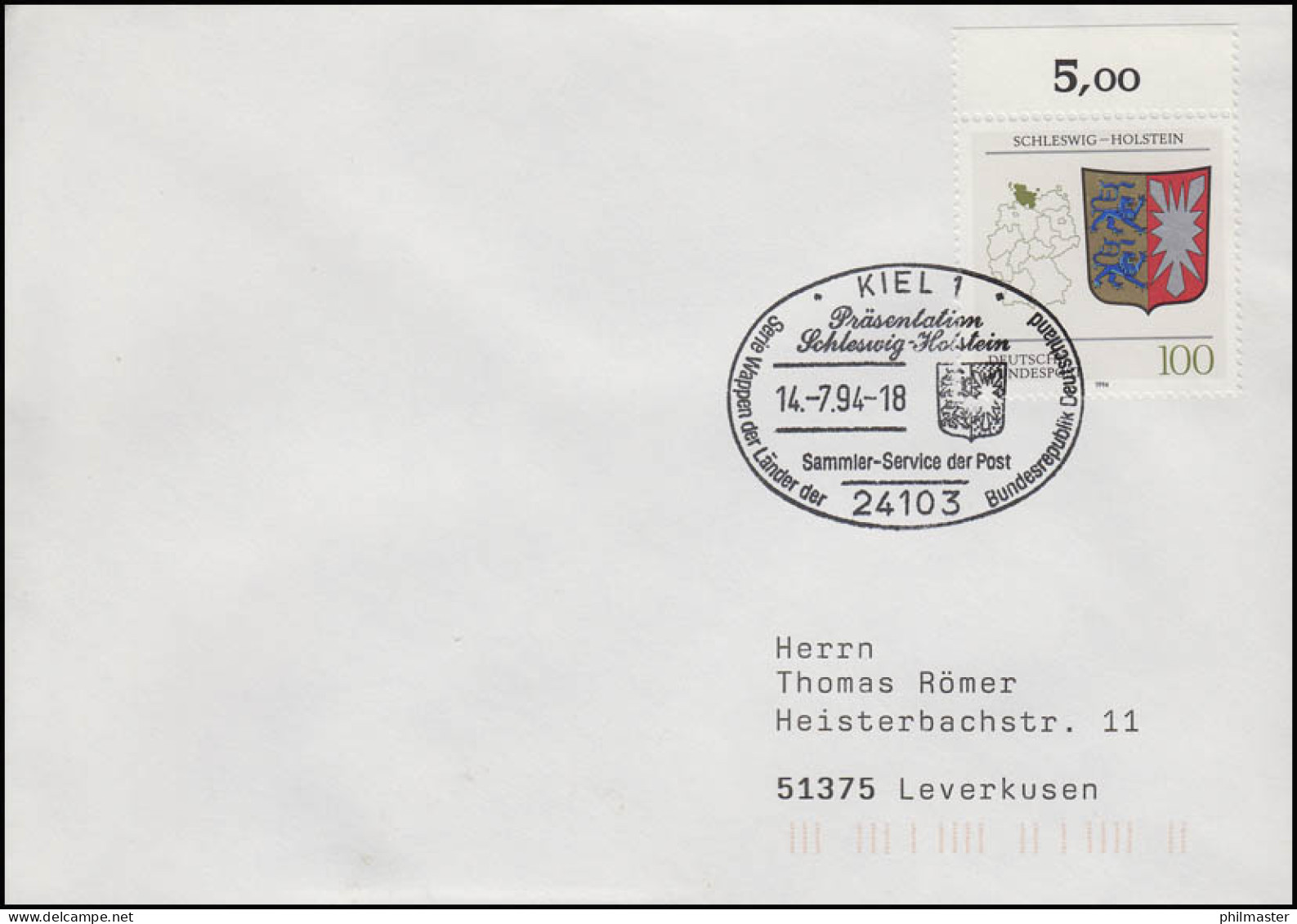 1715 Schleswig-Holstein, EF FDC ESSt Kiel Wappen & Marken-Präsentation 14.7.1994 - Autres & Non Classés