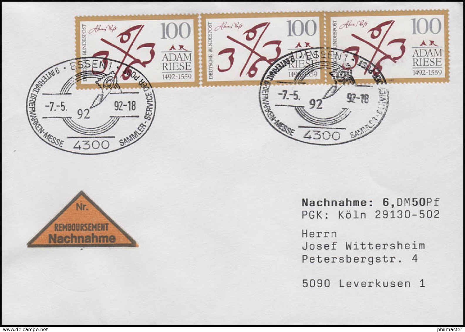 1612 Adam Riese Rechenmeister, MeF NN-FDC ESSt Sindelfingen Messe-Symbol 7.5.92 - Autres & Non Classés