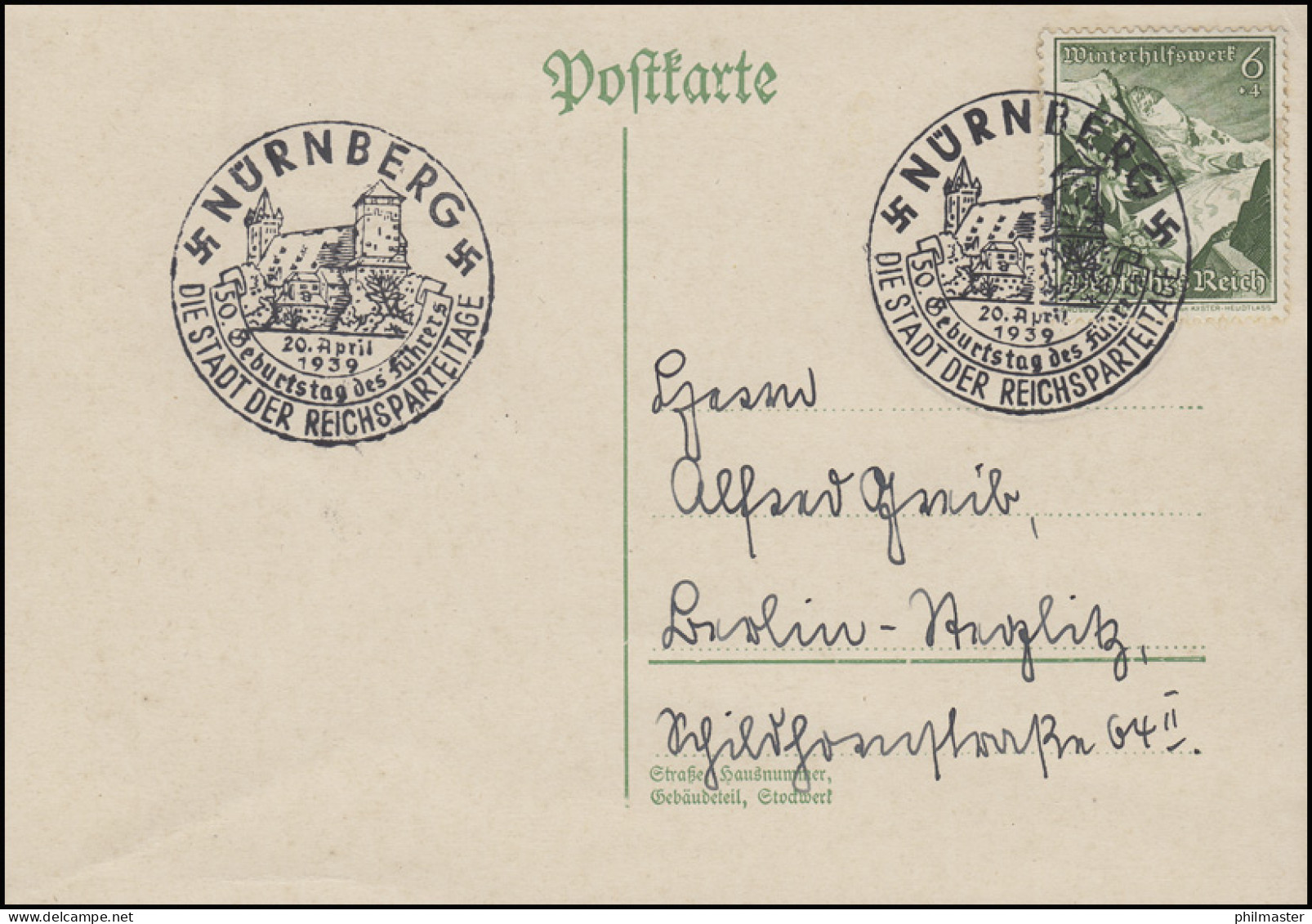678 WHW Alpenblumen 6 Pf. EF Postkarte SSt Nürnberg Geburtstag 20.4.1939 - 2. Weltkrieg